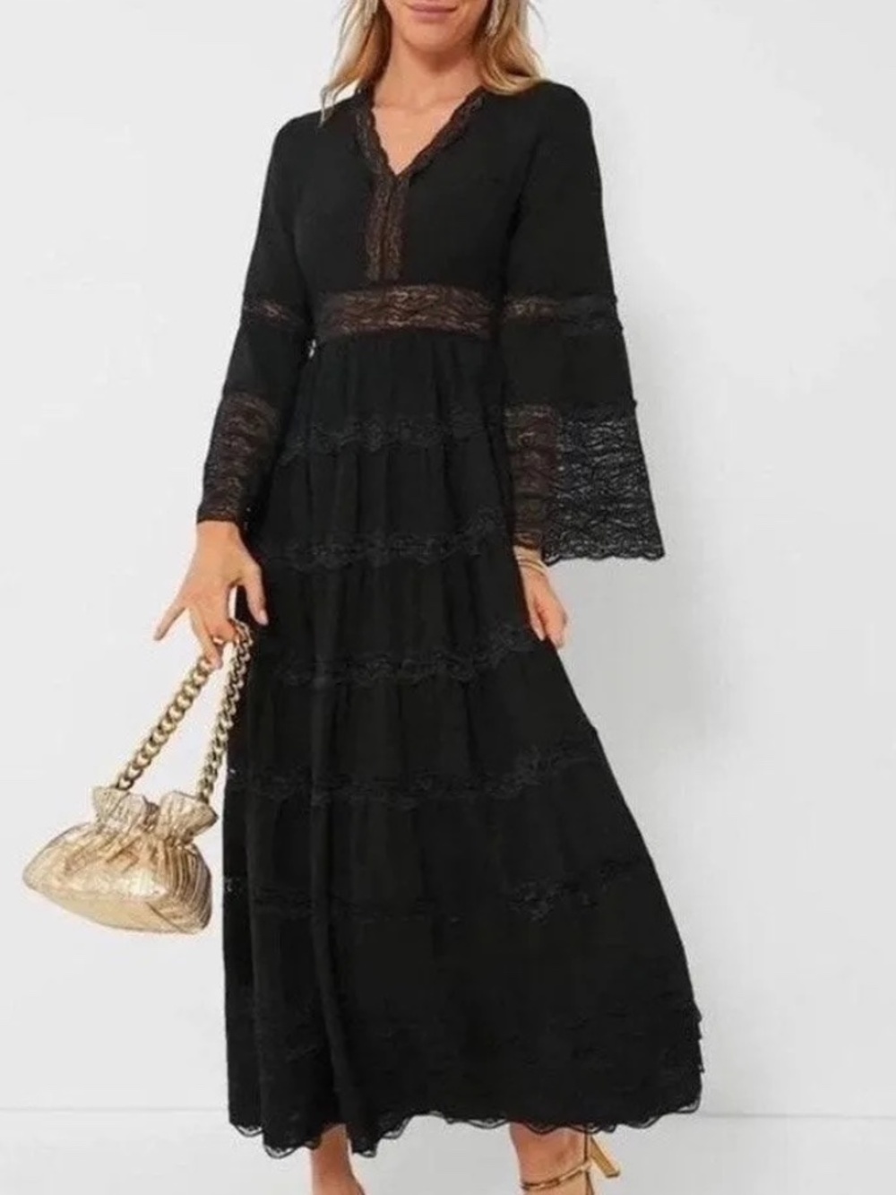 Tuckernuck Hyacinth House Lydia Black Lace Maxi Dress with Bell Sleeves (M)